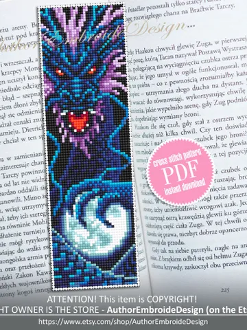 Dragon bookmark cross stitch pattern PDF download Fantasy blue dragon cross stitch chart, Chinese dragon pattern PDF, Chinese New Year #B272 $4.40