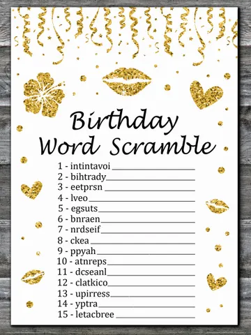Gold glitter Birthday Word Scramble Game,Adult Birthday party game-fun games for her-Instant download $1.75