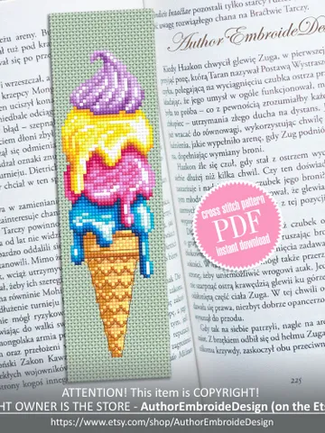 Food bookmark cross stitch pattern PDF download Ice cream cone cross stitch chart, Bookmark pattern digital, Kitchen cookbook bookmark #B344 $4.40