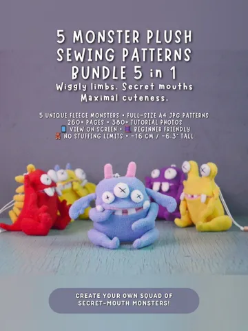 PDF Plush Toy Patterns – 5 Cute Fleece Monster Softies Set $38.00