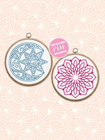 Mandala set cross stitch pattern download PDF, Christmas moon cross stitch chart, Mandala digital PDF, Monochrome mandala embroidery #S18 $7.70