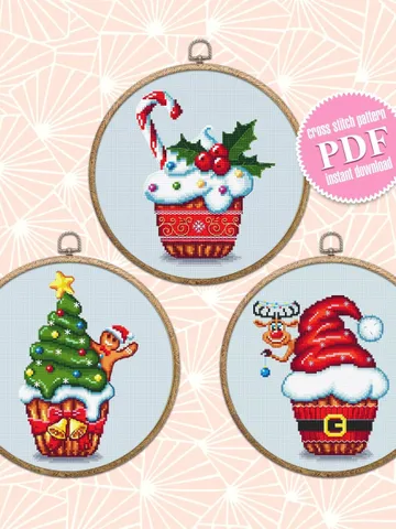 Christmas cupcake cross stitch pattern download PDF Kitchen cross stitch set, Winter holiday embroidery PDF, DIY Christmas decor #S59 $11.30