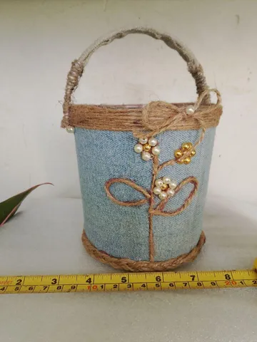 Handmade Jute Flower Pot – Eco-Friendly Indoor Planter with Decorative Handle and Beaded Accent