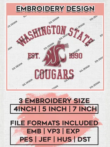 Washington State Cougars Est 1890 Logo Embroidery Designs, NCAA Washington State Cougars Team Embroidery, NCAA Team Logo, 3 sizes, Machine embroidery Files, Digital Download $6.99
