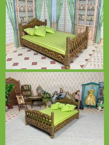 Dollhouse bed. 1:12 scale. Handcrafted. Miniature dollhouse.