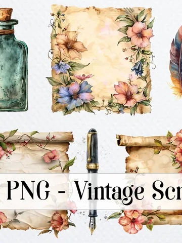33 PNG Vintage Scroll Bundle, Watercolor Floral Old Paper clipart, Printable Watercolor clipart, Digital download, Paper craft, junk journal $2.64