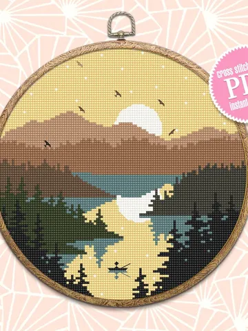 Nature cross stitch pattern download PDF Mountain landscape cross stitch Sunset xstitch chart Wildlife pattern digital PDF Lake xstitch #L30 $4.60