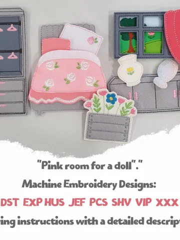 ITH Dollhouse Furniture Embroidery Design Set, Felt Miniature Bed Shelf Window Dresser Pattern, Digital File $15.00