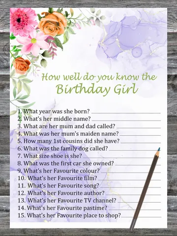 Pink Flowers Birthday Game How well do you know the birthday girl,Adult Birthday party game-fun games for her $1.75