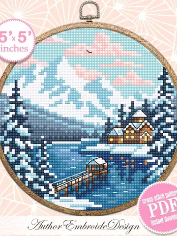Winter nature landscape cross stitch pattern PDF download Dock lake cross stitch chart, Snow pattern digital PDF, Mountain landscape #L95 $3.95