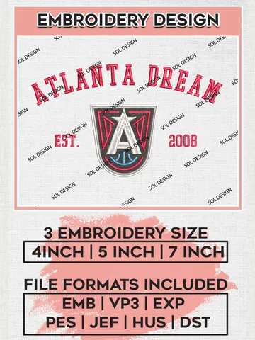 Atlanta Dream Est 2008 Embroidery Files, WNBA Atlanta Dream Embroidery Designs, WNBA Logo, 3 sizes, WNBA Machine embroidery designs, Digital Download $6.99