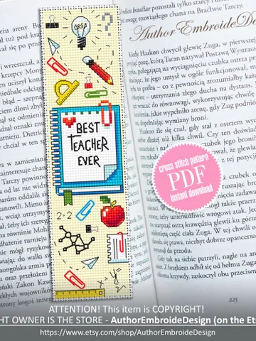 Teacher bookmark cross stitch pattern PDF download Best teacher ever, Handmade bookmark pattern digital PDF, Teachers day gift School #B353 $4.40