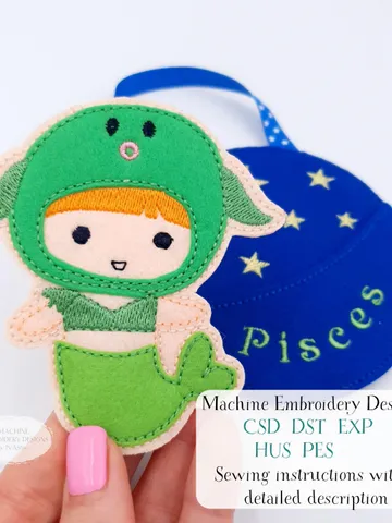 ITH Pisces Mermaid Finger Puppet & Bag Embroidery Design, Fish Zodiac Toy Pattern, 4x4 Hoop Christmas Ornament $6.00