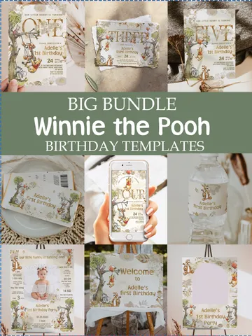 DIY Winnie Pooh Birthday Bundle; Editable 1st Birthday Party Template; Winnie the Pooh Birthday Party; Pooh Birthday Party Decoration poom88 $15.00
