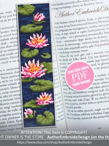 Lotus flower bookmark cross stitch pattern PDF download Water lily cross stitch chart Floral bookmark pattern digital PDF for beginner #B471 $4.40