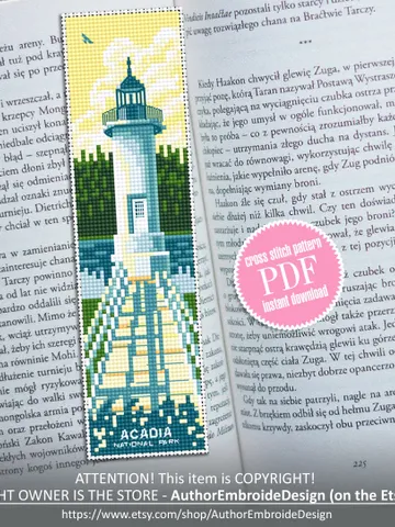 Acadia National park bookmark cross stitch pattern PDF download Nature cross stitch chart, Digital bookmark pattern PDF, Lighthouse #B176 $4.40