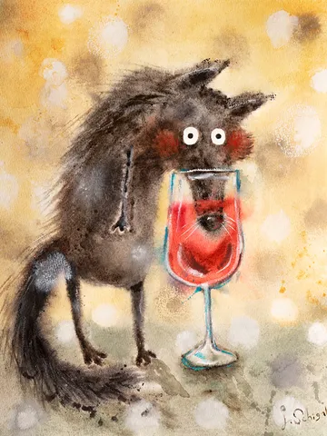 27x34cm Artwork by Julia Schigal "The Wolf and the Red Wine" - watercolor, gouache, pastel $169.00