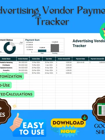 Advertising Vendor Payment Tracker Template, Editable Google Sheets, Marketing Expense Management Tool $8.26