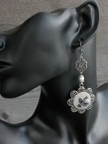 Grey long wedding pearl earrings dangle Royalcore Victorian floral jewelry with rose cameo $45.00