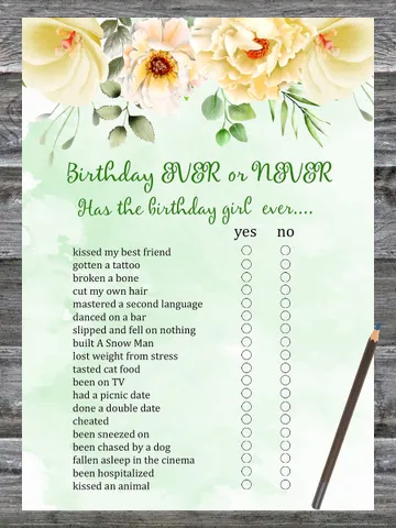 Floral Birthday ever or never game,Adult Birthday party game-fun games for her-Instant download $1.75