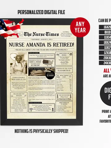 Nurse Retirement Gift, Retirement Gift for Men or Women, Retirement Newspaper Poster Sign, Retirement Party Decoration, ANY YEAR, Digital $15.00