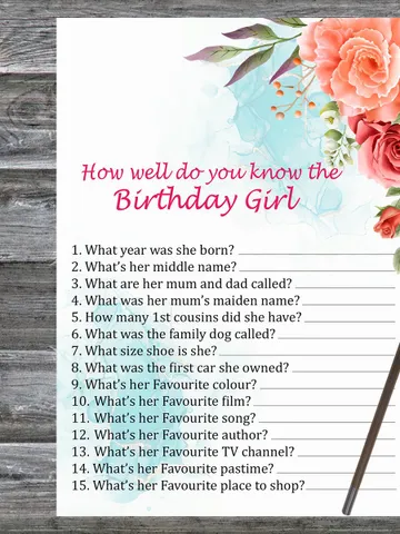 Roses Birthday Game How well do you know the birthday girl,Adult Birthday party game-fun games for her-Instant download $1.75