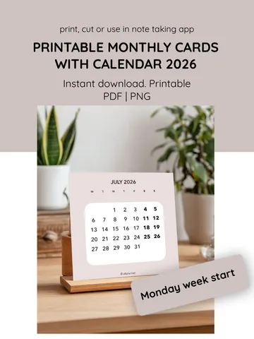Printable Desk Calendar Monthly Cards and Dividers. Functional planner cards. Monthly desk calendar. 12 month 2026 calendar. Calendar crafting. Monday week start