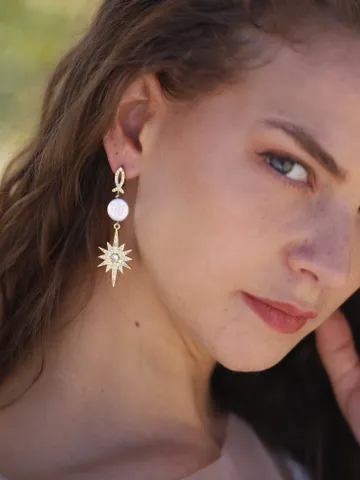 Natural Baroque Pearl Rose Gold Star Long Wedding Earrings, Art Deco Wedding Jewelry For Bride, 1920s Jewelry, Celestial Statement Earrings $133.00