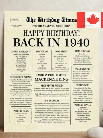 85th Birthday Newspaper Poster, Born in 1940, Canadian Edition, Back in 1940 Canada, 85 Years Ago Printable Birthday Gift Decor $7.00