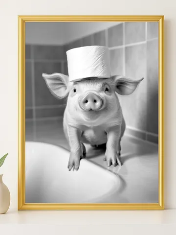 Cute Baby Pig Bathroom Wall Art, Funny Farm Animal with Toilet Paper, Black and White Digital Download, Farmhouse Bathroom Décor