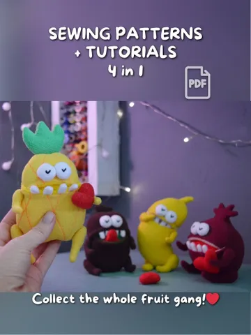 Fruit Plush Bundle PDF Sewing Patterns – Pineapple, Banana, Kiwi & Pomegranate Softies with Movable Limbs & Secret Mouths $35.00