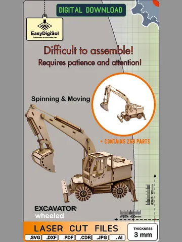 Laser Cut Excavator DIY SVG AI PDF JPG Glowforge gift for kids model kit wooden toys $5.49