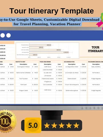 Tour Itinerary Template | Editable, Easy-to-Use Google Sheets, Customizable Digital Download for Travel Planning, Vacation Planner $5.46