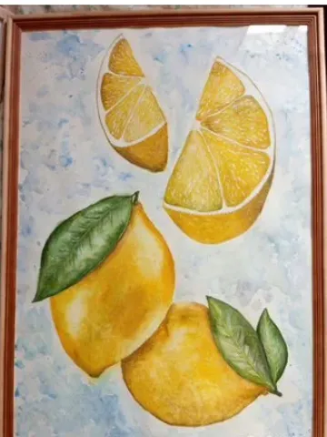 Framed painting under glass "Lemons", watercolor, size 42x59 cm $195.00