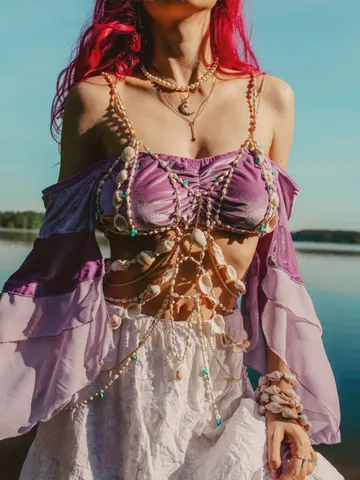 Custom order for Tara. Shell harness with turquise beads and chains $175.00