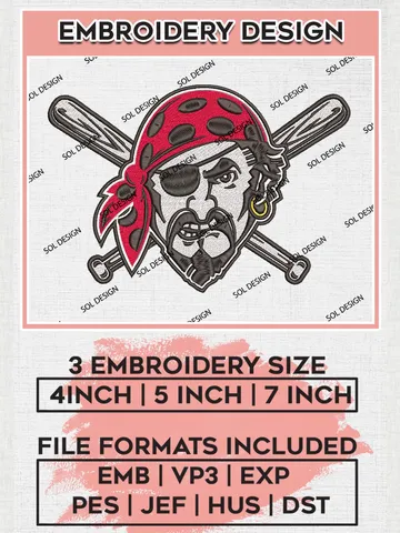 Pittsburgh Pirates MLB Logo Embroidery Design Files, MLB Pittsburgh Pirates Team Embroidery, MLB Teams, 3 sizes, MLB Machine embroidery designs, Digital Download $6.99