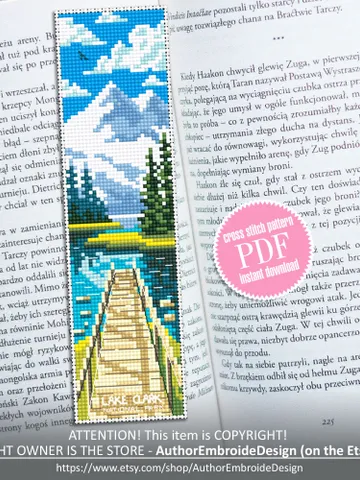 Lake Clark national park bookmark cross stitch pattern PDF download Nature cross stitch chart Digital bookmark pattern Dock on a lake #B225 $4.40