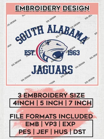 South Alabama Jaguars Est 1963 Logo Embroidery Designs, NCAA South Alabama Jaguars Team Embroidery, NCAA Team Logo, 3 sizes, Machine embroidery Files, Digital Download $6.99