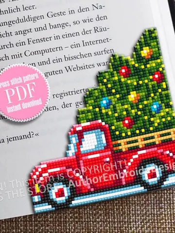 Christmas corner bookmark cross stitch pattern PDF download Red truck christmas cross stitch, Christmas bookmark pattern digital PDF #N387 $4.10