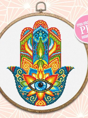Hamsa hand cross stitch pattern download PDF, Mandala pattern PDF, Colorful Hand of Fatima cross stitch, Evil eye hamsa beginner stitch #M76 $4.60