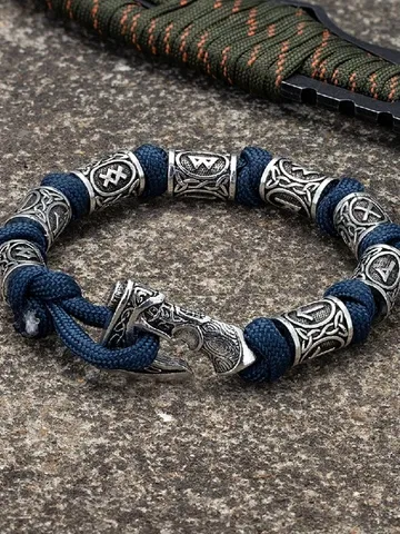 Handmade paracord and stainless steel bracelet with Viking runes $49.00