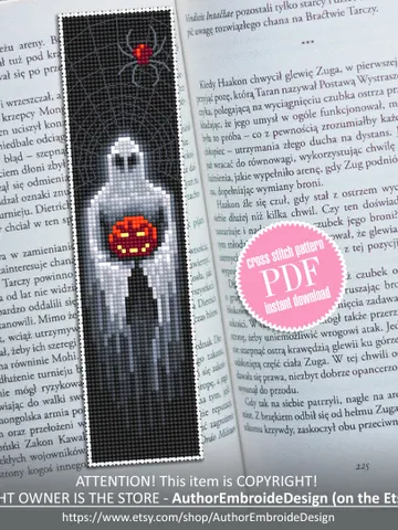 Spooky Halloween bookmark cross stitch pattern download PDF, Handmade bookmark pattern PDF, Ghost cross stitch chart, Gothic halloween #B82 $4.40