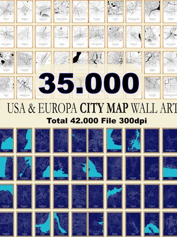 35000 USA & EU City Map, Digital Download, City Map Download, Printable art,Map Art,City Map Print, Valentines Day Gift, digital Prints $8.29