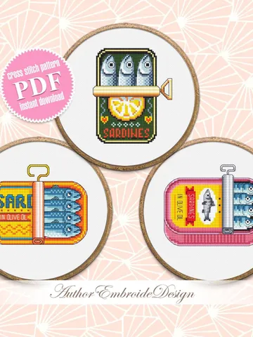 Sardines can cross stitch pattern PDF instant download Set of 3 Vintage tinned sardines cross stitch chart, Fish pattern digital PDF #F28 $8.70