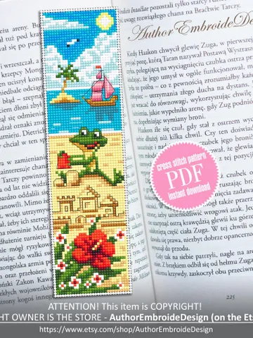 Summer bookmark cross stitch pattern PDF download Funny frog cross stitch chart, Beach bookmark pattern digital PDF, Sand castle #B450 $4.40