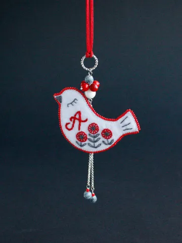 Embroidered folk Ukraine red white car charm accessory initial Bird rear view mirror personalized hanging ornament monogramm Floral poppies