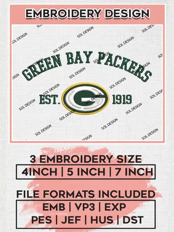 Green Bay Packers Est 1919 Embroidery Designs, NFL Packers, NFL Embroidery Designs, NFL Green Bay Packers Machine Embroidery Design, Digital Download