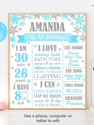 Winter Onederland 1st Birthday Sign, Winter Onederland Birthday Boy Decorations, Milestone Birthday Poster, Editable Template Digital File $11.00