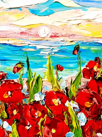 Point Reyes Painting Red Poppies Fields Impasto Art California Seascape Christmas Gifts Original Artwork Travel Gifts by ArtProkopaloSv $50.00
