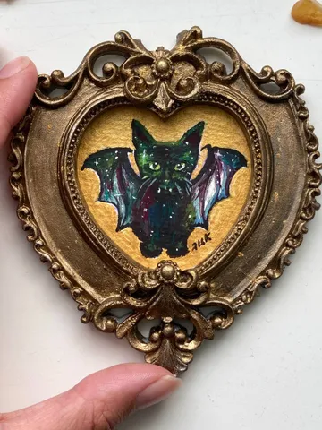Bat Painting Small Framed Art Goth Painting Bat Gifts, Mini Gold Framed Decor, Cat Bat, Black Cat Art, Tiny Art Whimsigoth Decor $80.00